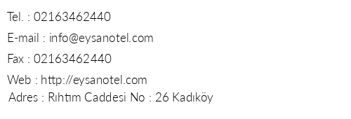 Eysan Hotel telefon numaralar, faks, e-mail, posta adresi ve iletiim bilgileri